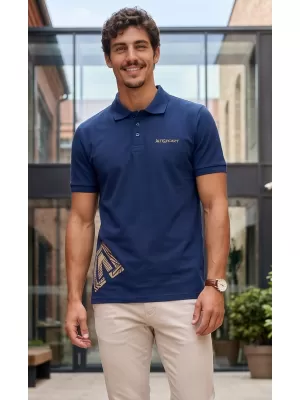 Muška majica s kragnom ALTISPORT ALM013203 PONOĆNO PLAVA/ZLATNA